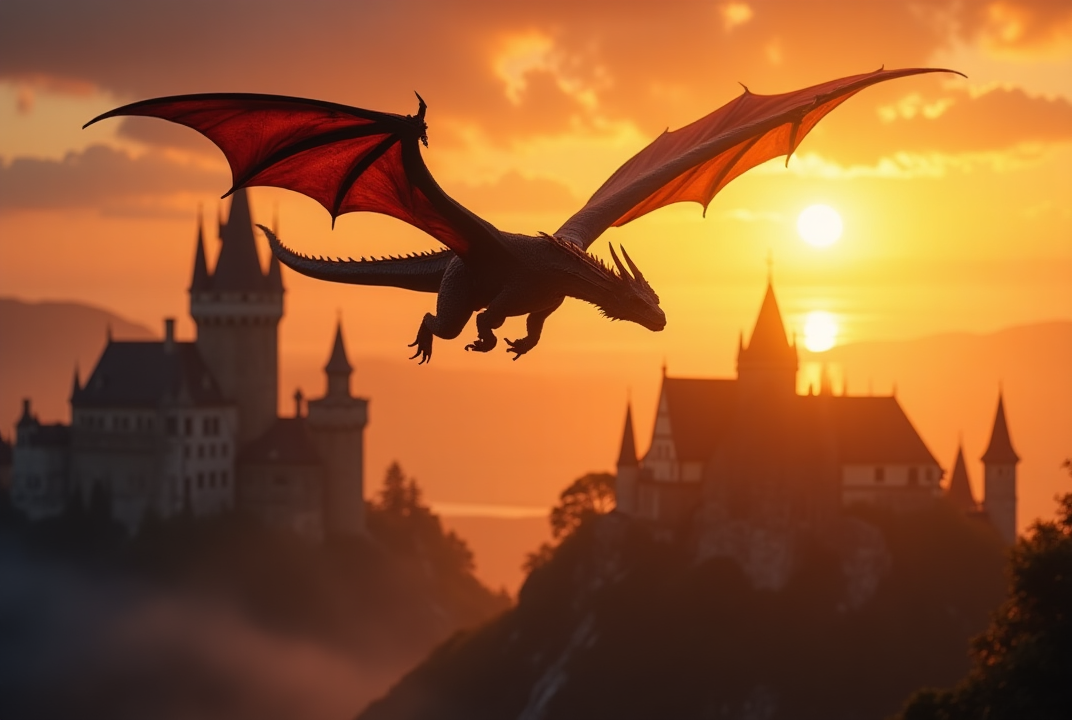 Dragon over castles at sunset