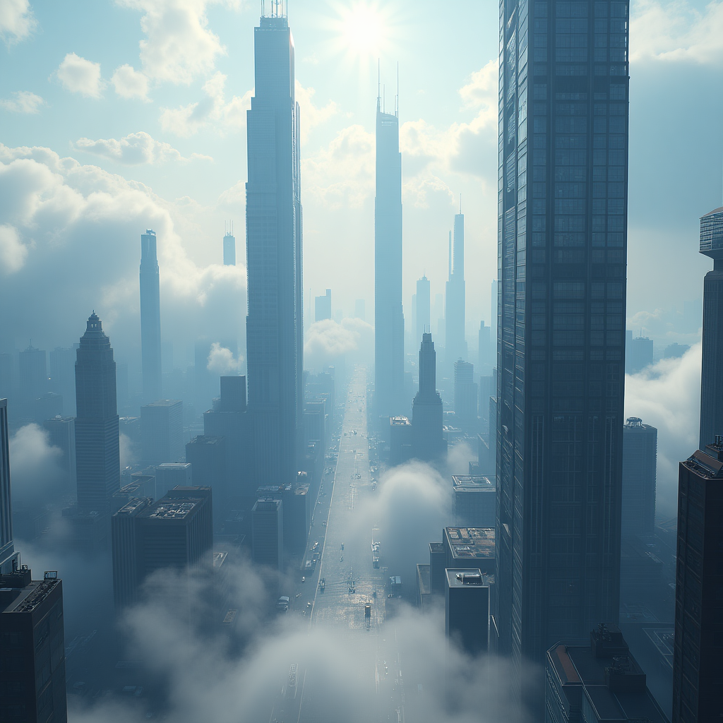A futuristic city where skyscrapers stretch into the clouds.