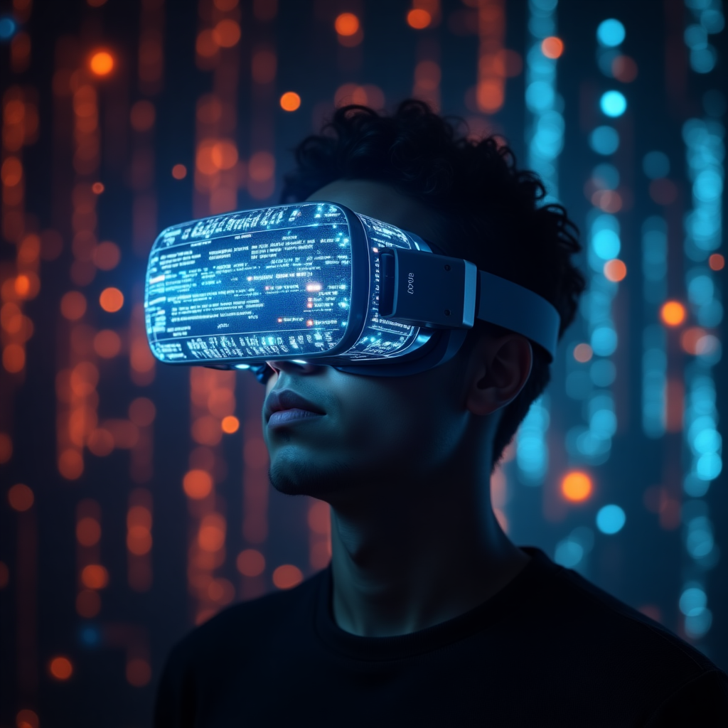 A hacker's VR interface, glowing code floating in mid-air
