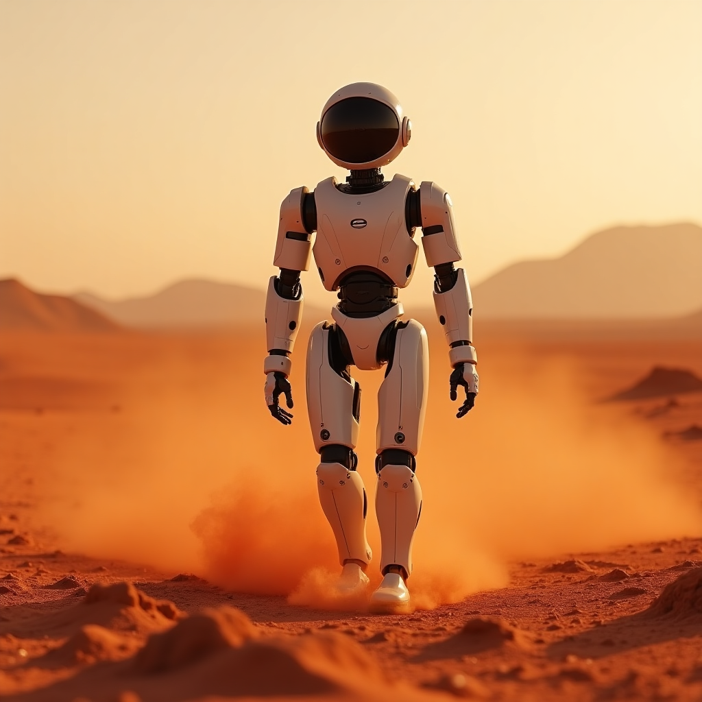 A humanoid robot walks across Mars, red dust swirling under its feet.