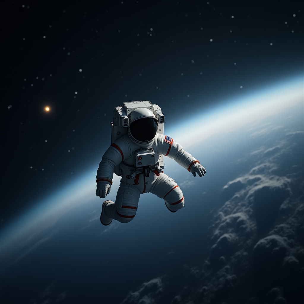 A lone astronaut drifts in zero gravity, staring into the void.