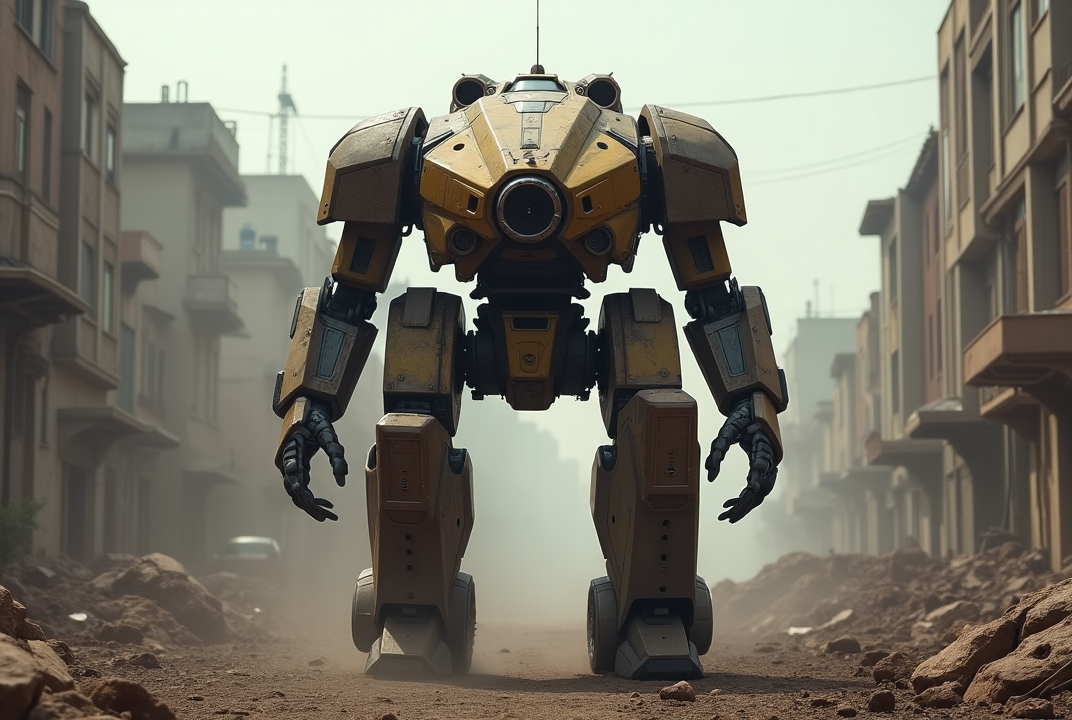 Mech suit in war-torn city