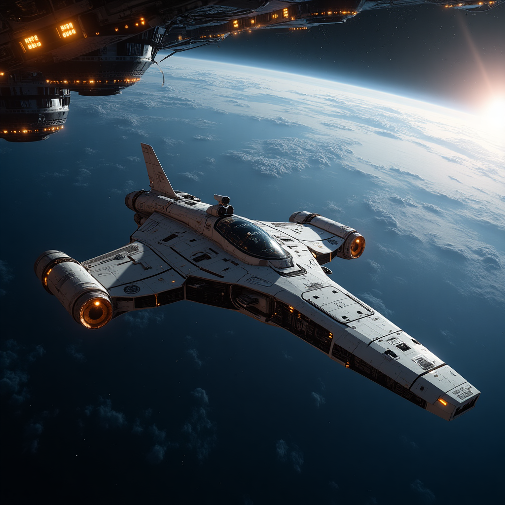 A spaceship docks at an orbital station, Earth in the background.