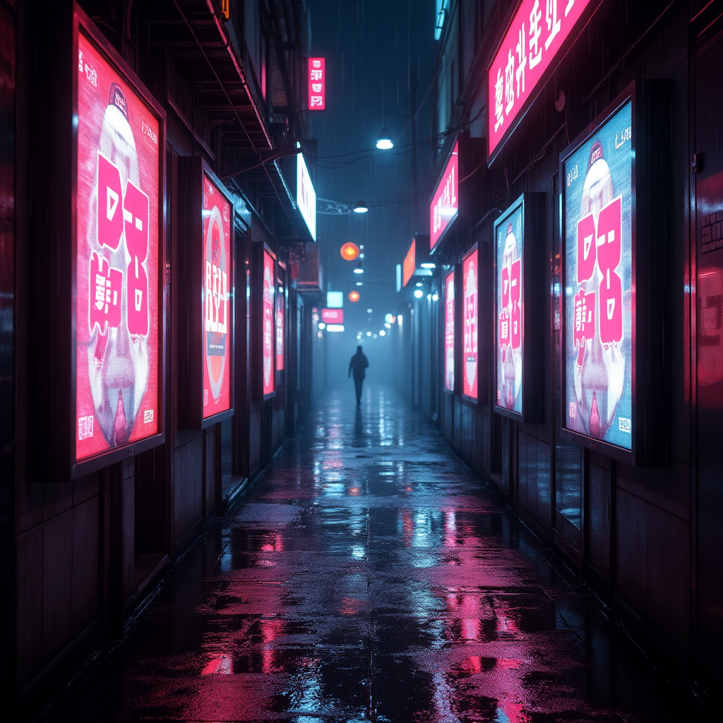 Neon-lit cyberpunk alley, rain glistening on holographic ads.